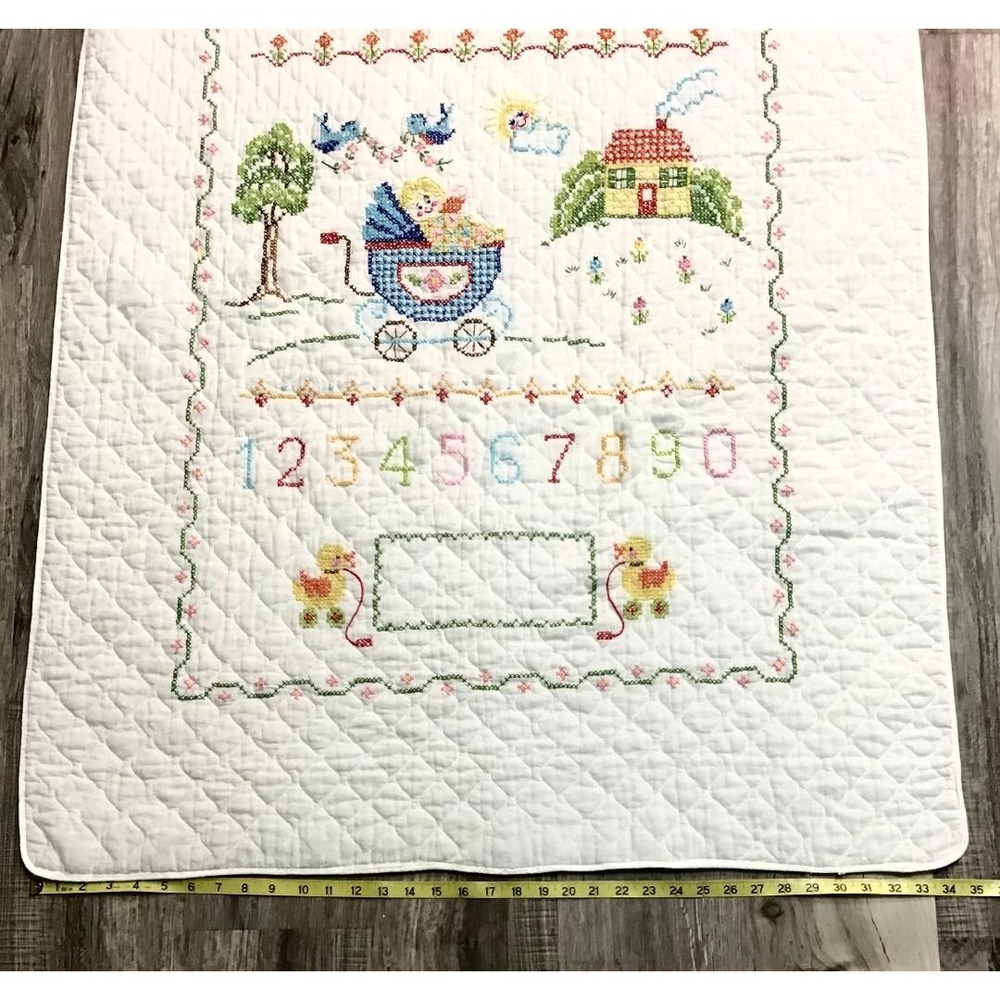Vintage Hand Cross Stitch Baby Crib Quilt Alphabet ABC Nursery Sampler 34x57 - Picture 3 of 12